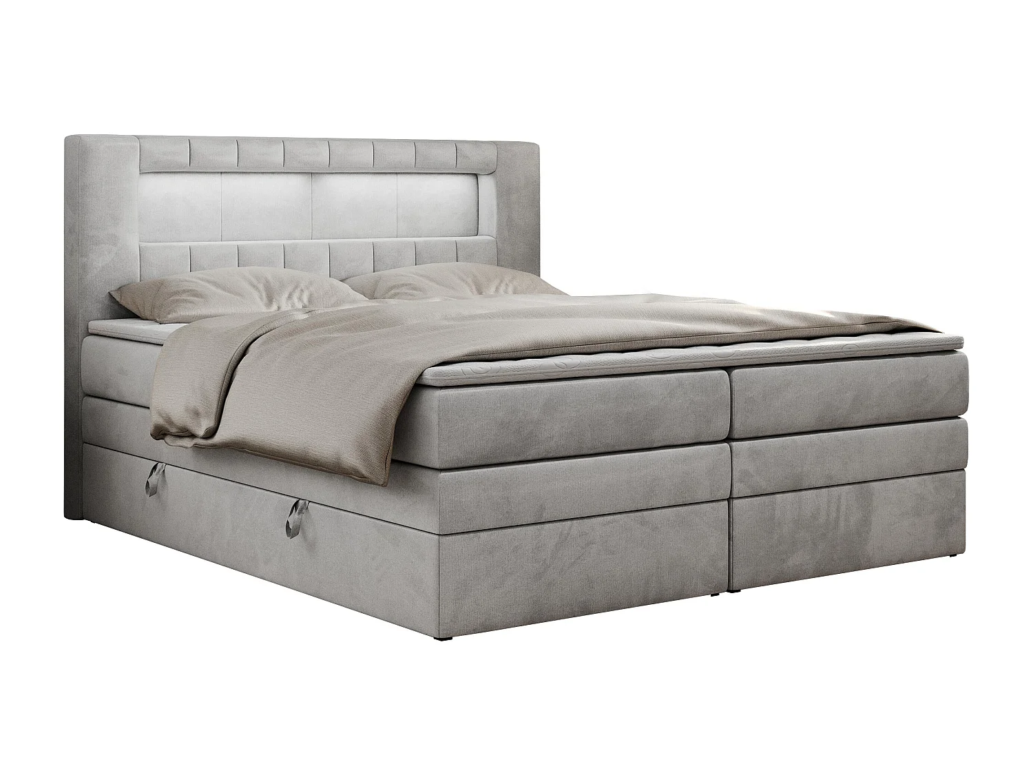 Boxspringbett GOLD 5 KING mit Stauraum, zwei Bettkästen, LED-Beleuchtung, Multipocket-Matratze - 120x200 cm - H3 - Hellgrau Velvet