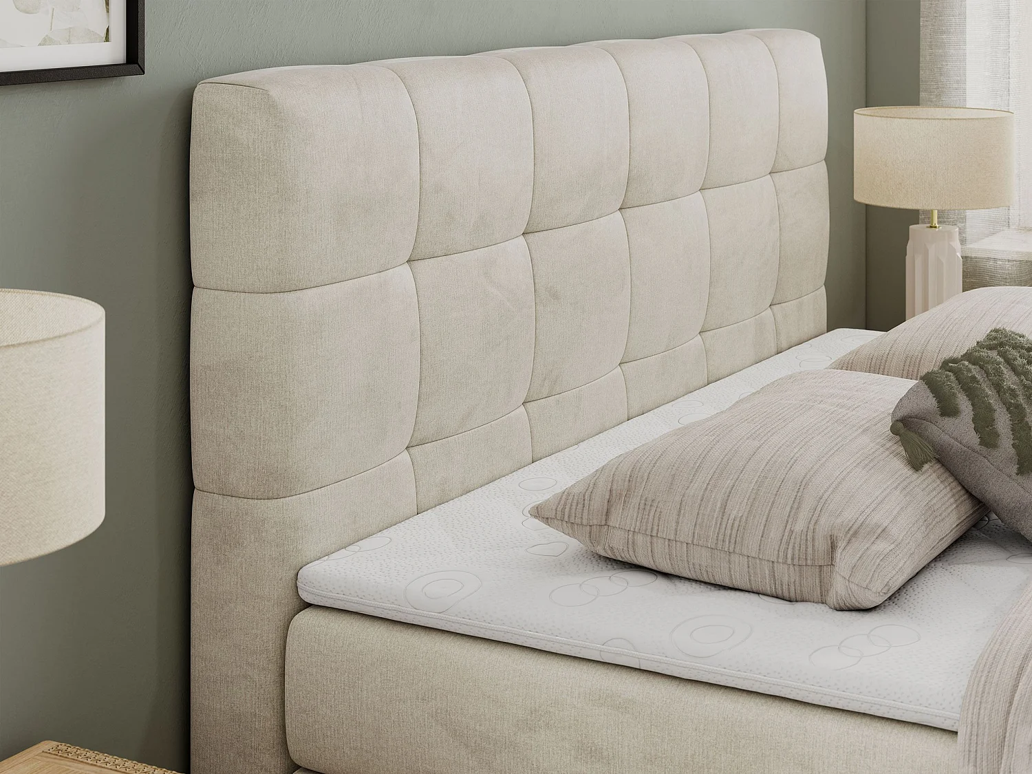 Boxspringbett LUKA KING, mit gestepptem Kopfteil, zwei Bettkästen, Multipocket-Matratze und Topper - 180x200 cm - H4 - Beige Velvet