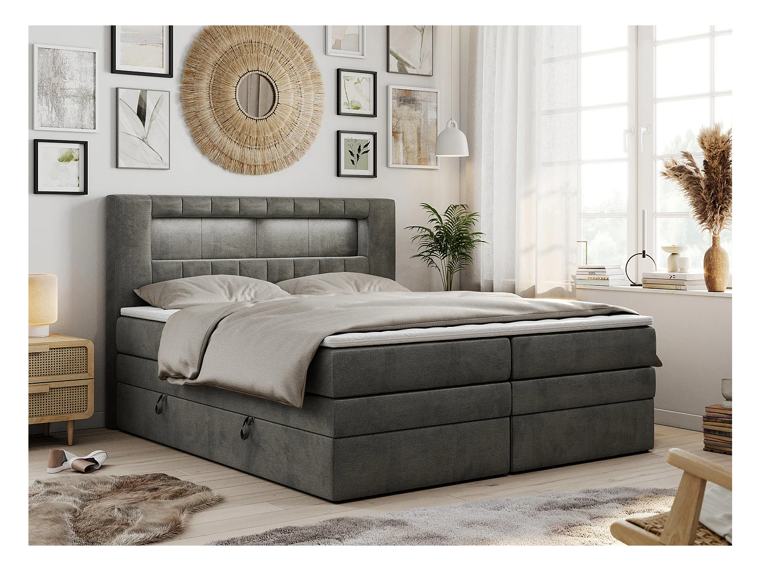 Boxspringbett GOLD 5 KING mit Stauraum, zwei Bettkästen, LED-Beleuchtung, Multipocket-Matratze - 140x200 cm - H3 - Dunkelgrau Velvet