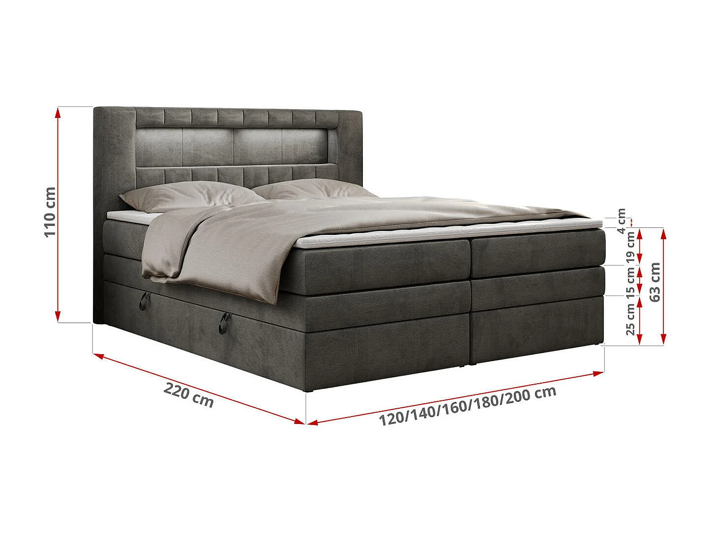 Boxspringbett GOLD 5 KING mit Stauraum, zwei Bettkästen, LED-Beleuchtung, Multipocket-Matratze - 140x200 cm - H3 - Dunkelgrau Velvet