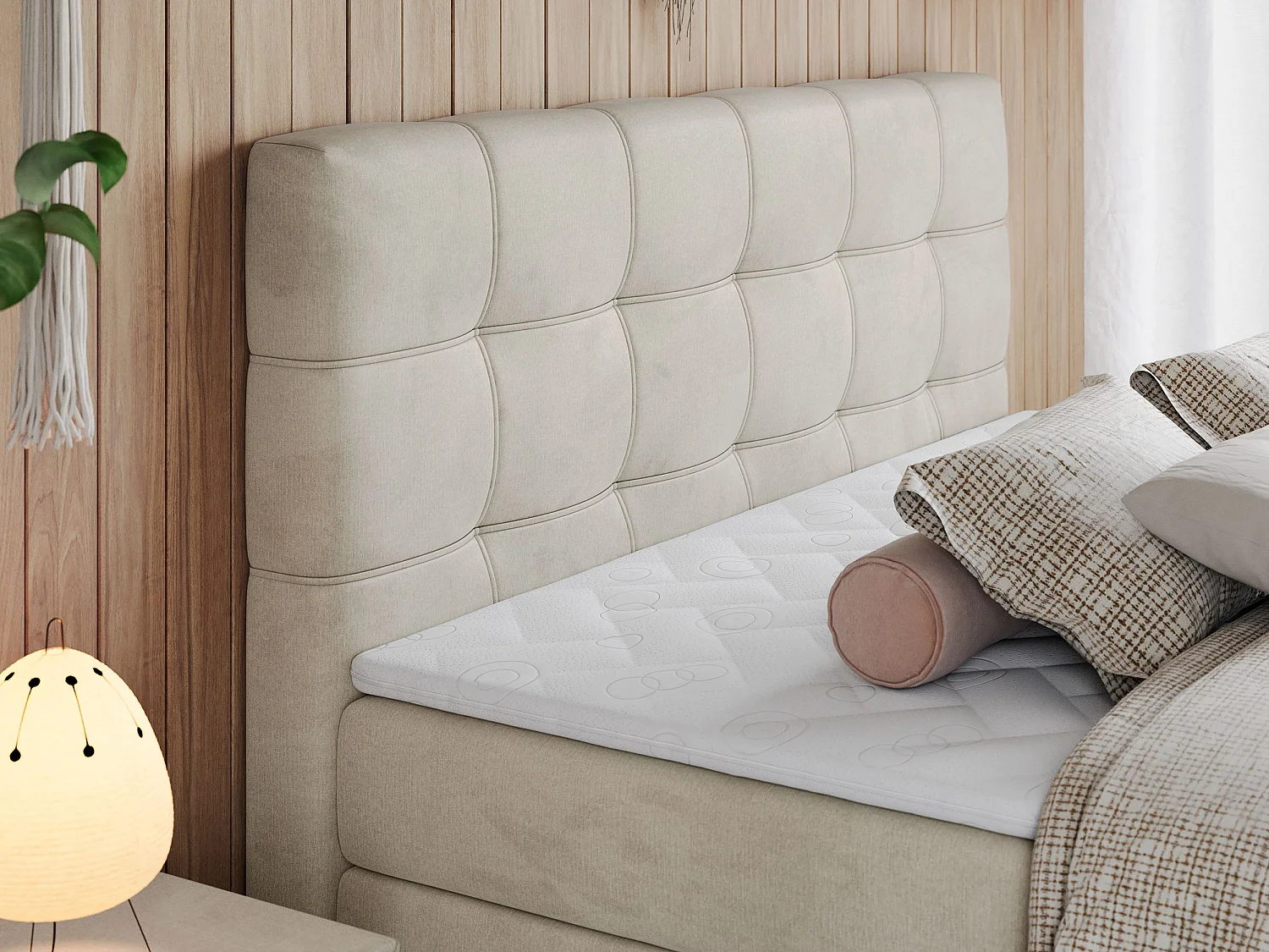 Boxspringbett ERNI KING, gestepptes Kopfteil, zwei Multipocket-Matratze und Topper, mit Stauraum - 120x200 cm - H4 - Beige Velvet