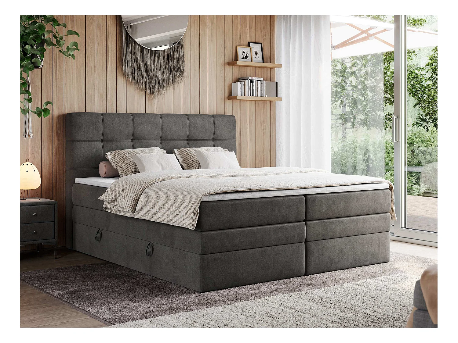 Boxspringbett ERNI KING, gestepptes Kopfteil, zwei Multipocket-Matratze und Topper, mit Stauraum - 140x200 cm - H3 - Dunkelgrau Velvet