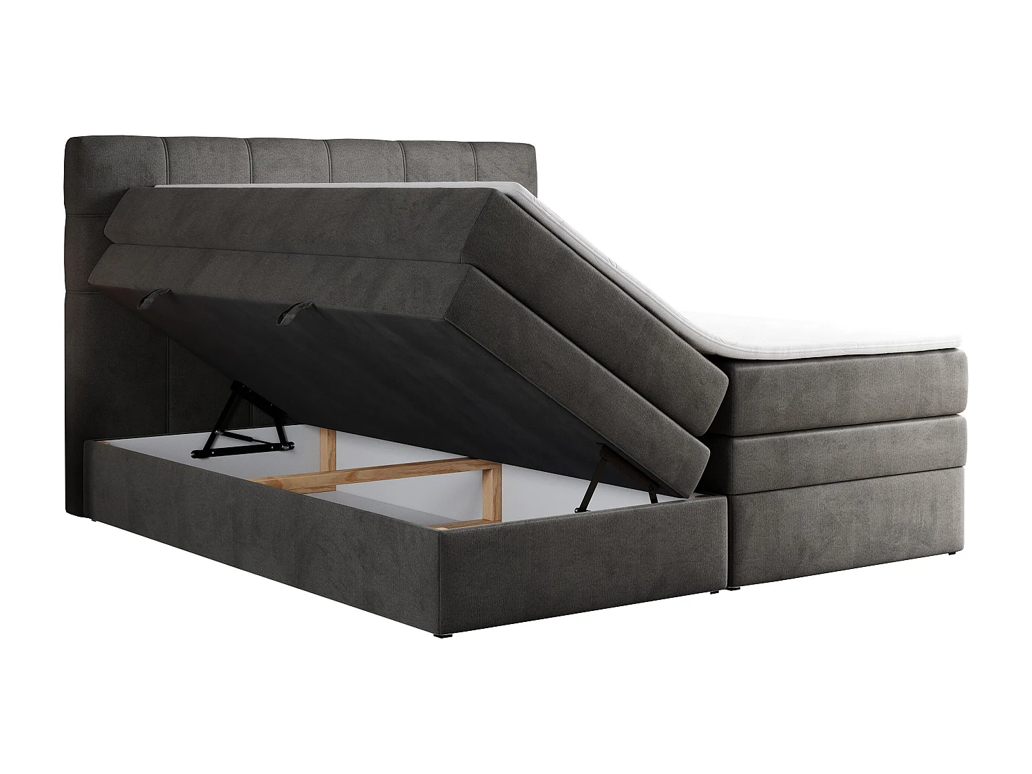 Boxspringbett ERNI KING, gestepptes Kopfteil, zwei Multipocket-Matratze und Topper, mit Stauraum - 140x200 cm - H3 - Dunkelgrau Velvet
