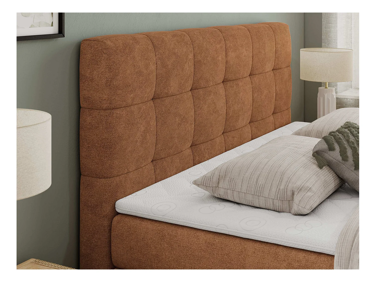 Boxspringbett LUKA KING, mit gestepptem Kopfteil, zwei Bettkästen, Multipocket-Matratze und Topper - 120x200 cm - H3 - Orange Strukture