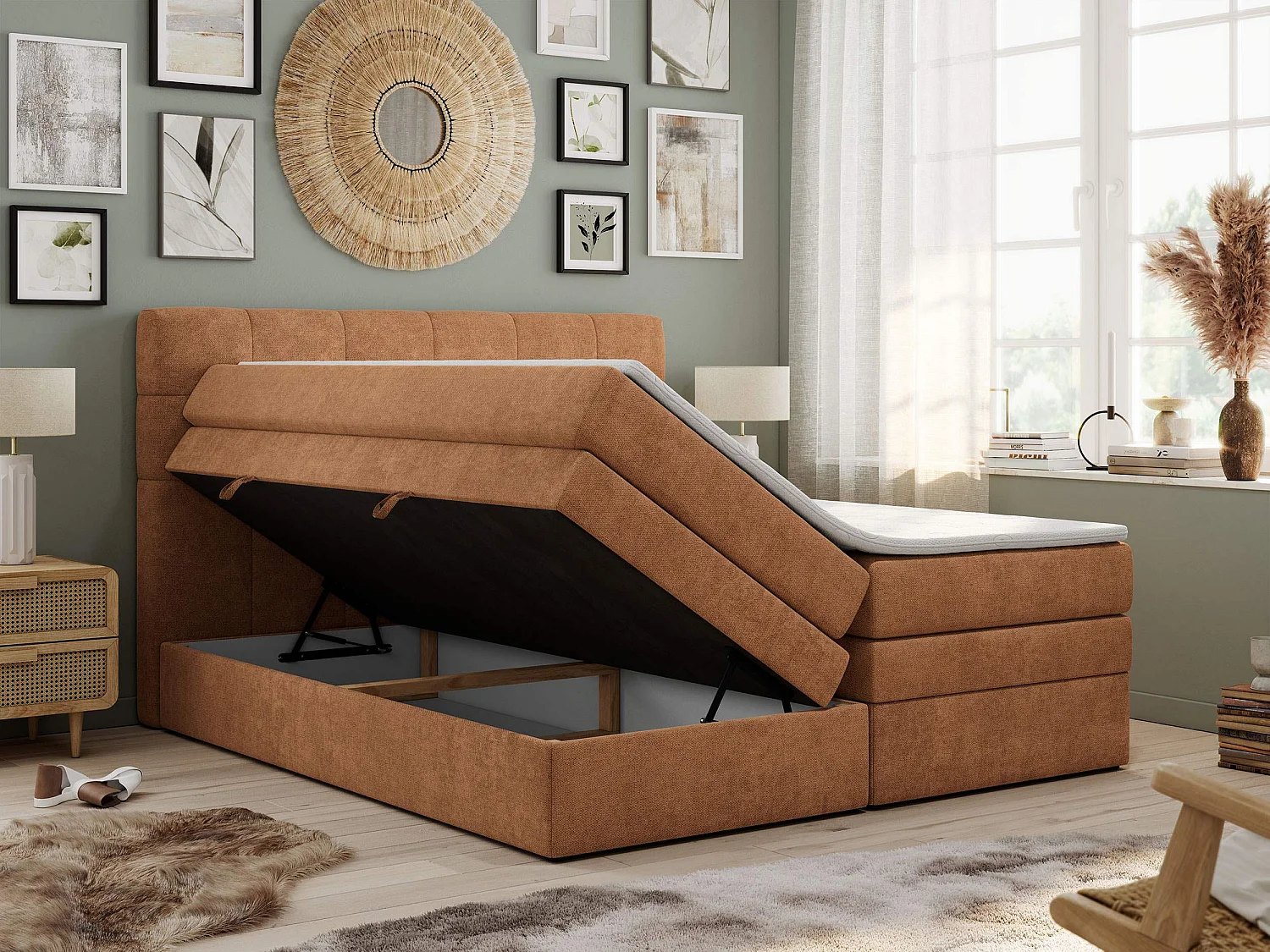 Boxspringbett LUKA KING, mit gestepptem Kopfteil, zwei Bettkästen, Multipocket-Matratze und Topper - 120x200 cm - H3 - Orange Strukture