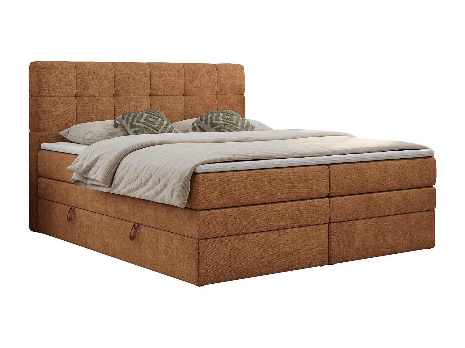 Boxspringbett LUKA KING, mit gestepptem Kopfteil, zwei Bettkästen, Multipocket-Matratze und Topper - 120x200 cm - H3 - Orange Strukture