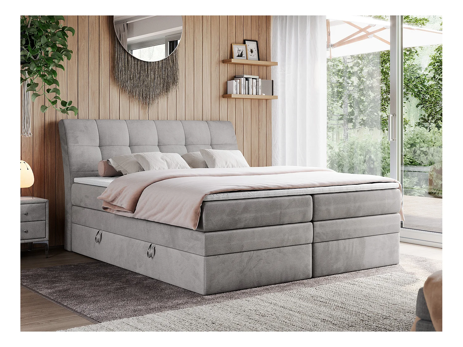 Boxspringbett GOLD 10 KING mit genähtes Kopfteil und Stauraum, zwei Multipocket-Matratze - 140x200 cm - H4 - Hellgrau Velvet