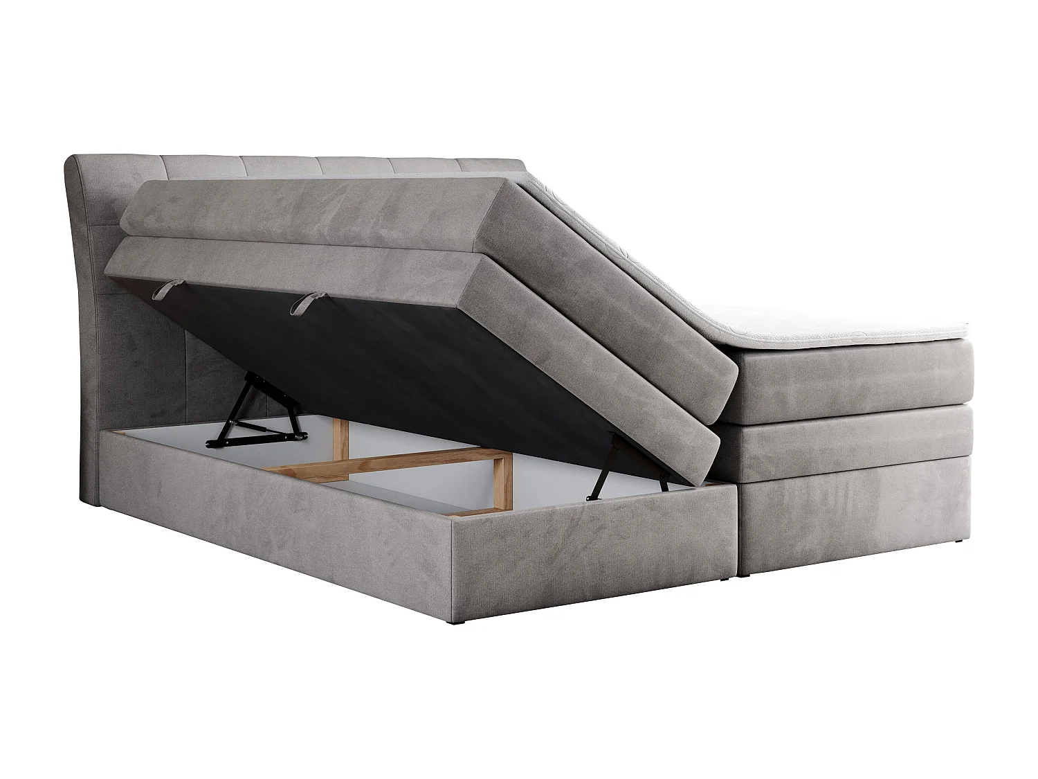 Boxspringbett GOLD 10 KING mit genähtes Kopfteil und Stauraum, zwei Multipocket-Matratze - 140x200 cm - H4 - Hellgrau Velvet