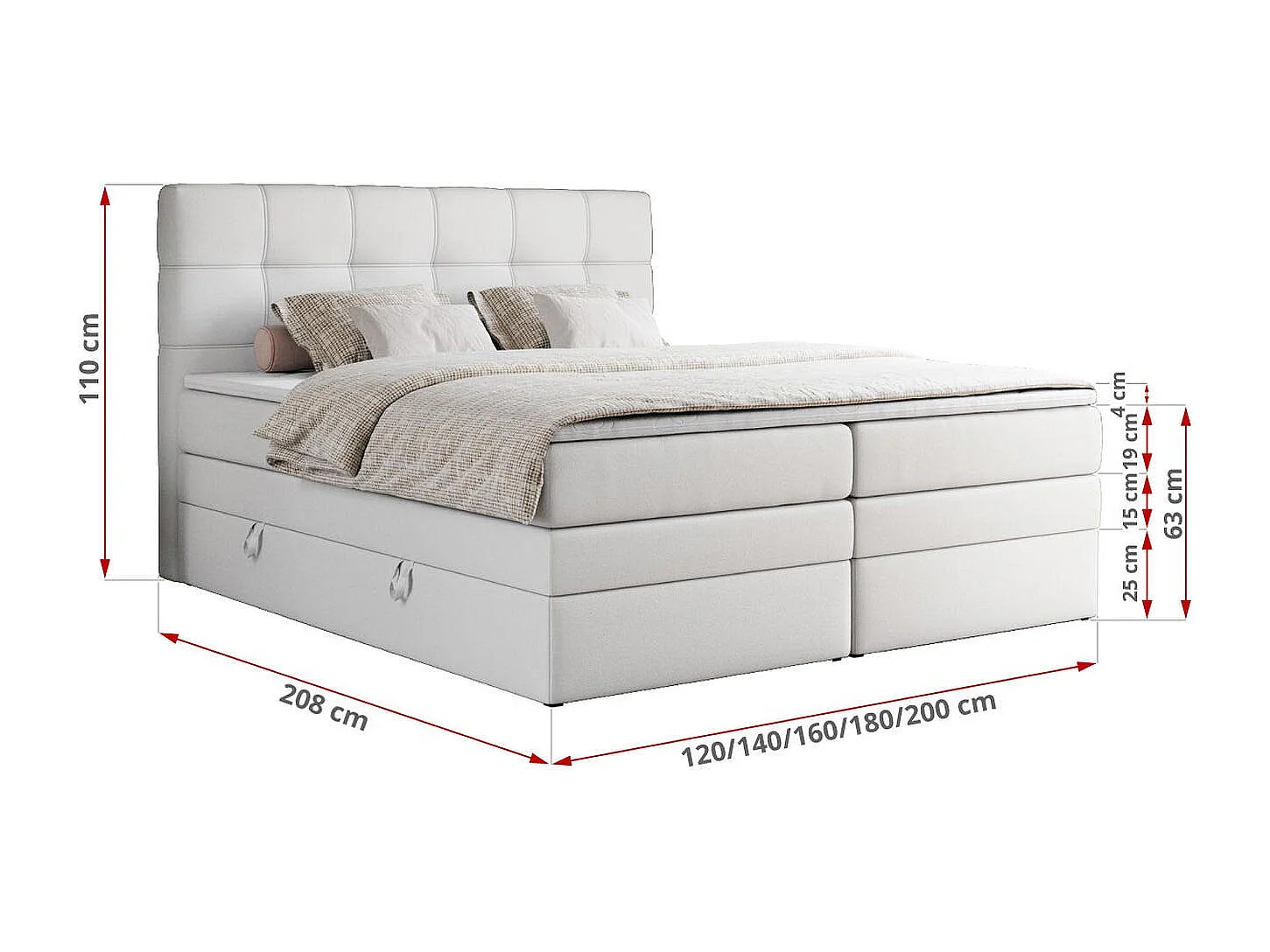 Boxspringbett ERNI KING, gestepptes Kopfteil, zwei Multipocket-Matratze und Topper, mit Stauraum - 120x200 cm - H3 - Weiß Kunstleder