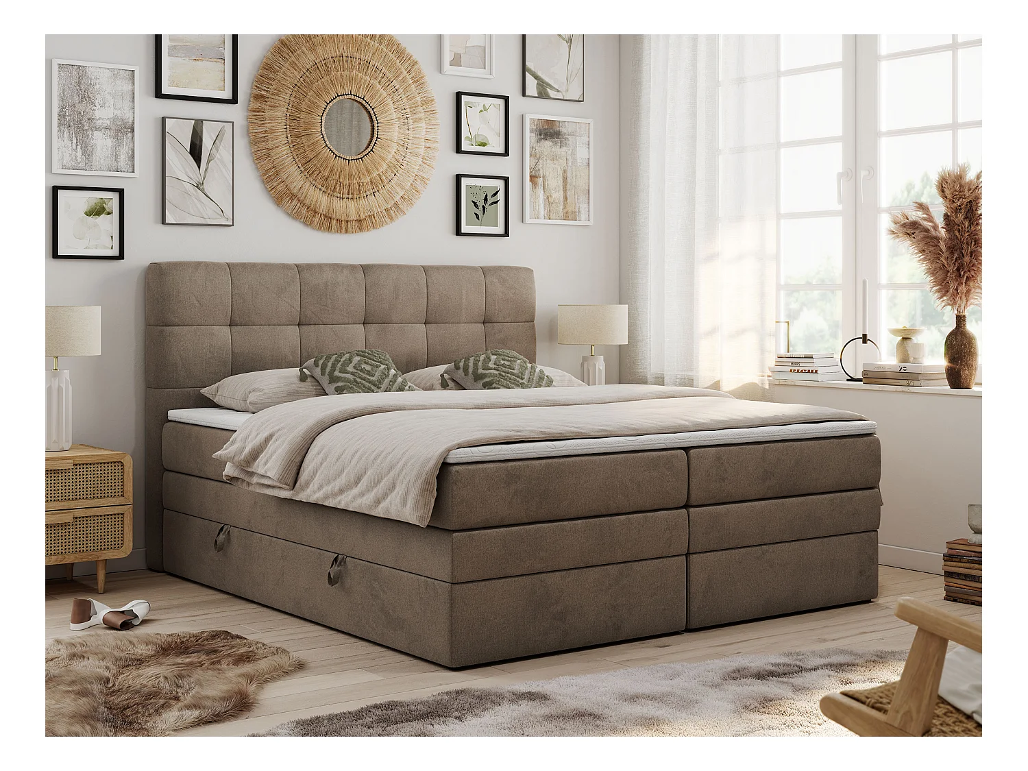 Boxspringbett LUKA KING, mit gestepptem Kopfteil, zwei Bettkästen, Multipocket-Matratze und Topper - 140x200 cm - H4 - Braun Velvet