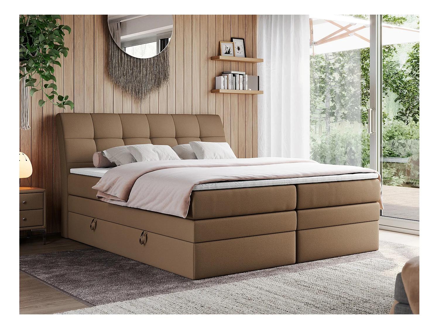 Boxspringbett GOLD 10 KING mit genähtes Kopfteil und Stauraum, zwei Multipocket-Matratze - 180x200 cm - H3 - Braun Kunstleder