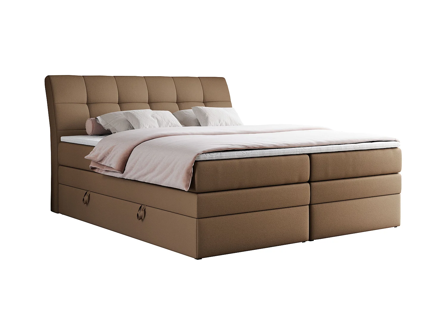 Boxspringbett GOLD 10 KING mit genähtes Kopfteil und Stauraum, zwei Multipocket-Matratze - 180x200 cm - H3 - Braun Kunstleder