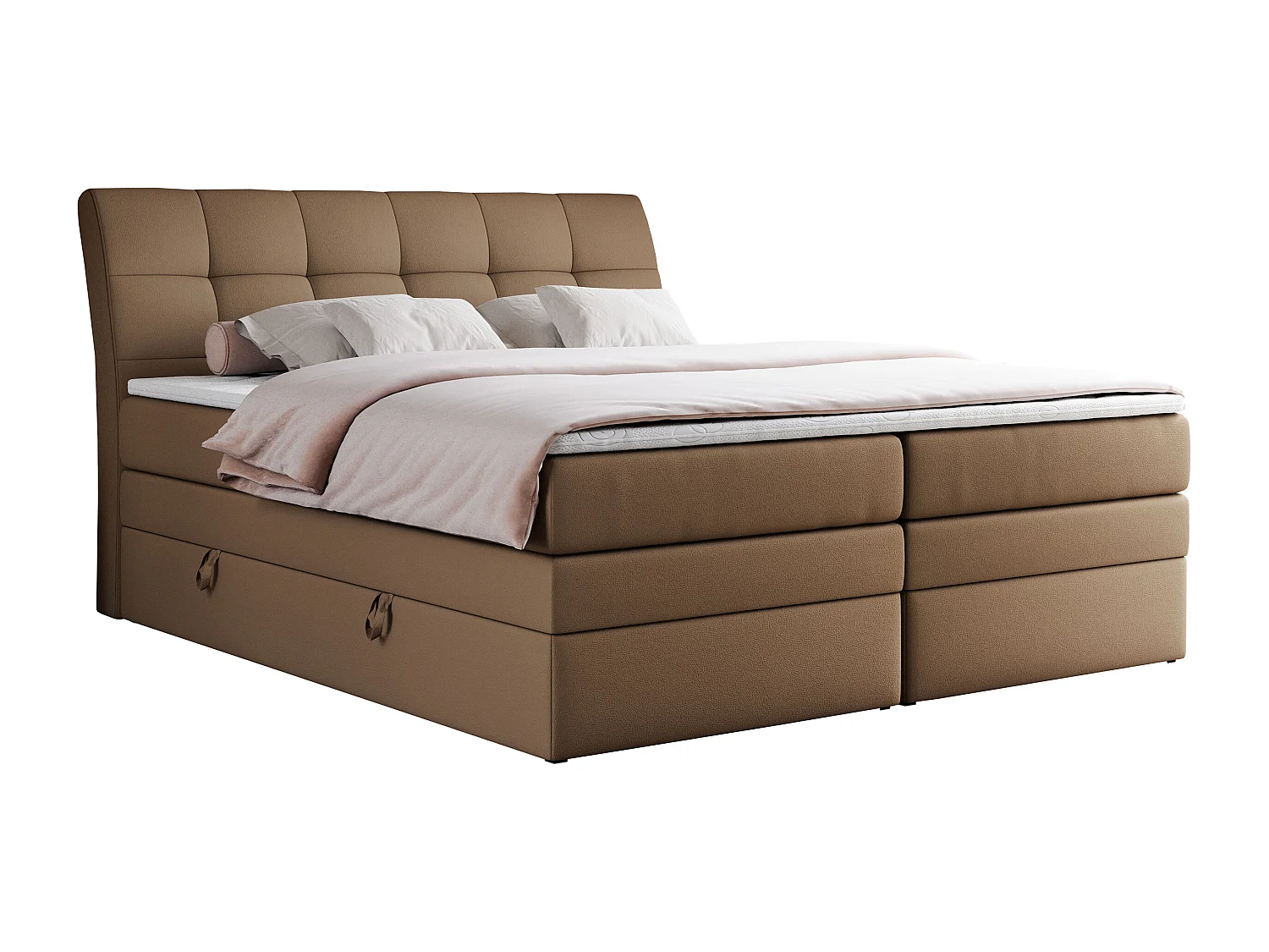 Boxspringbett GOLD 10 KING mit genähtes Kopfteil und Stauraum, zwei Multipocket-Matratze - 180x200 cm - H3 - Braun Kunstleder