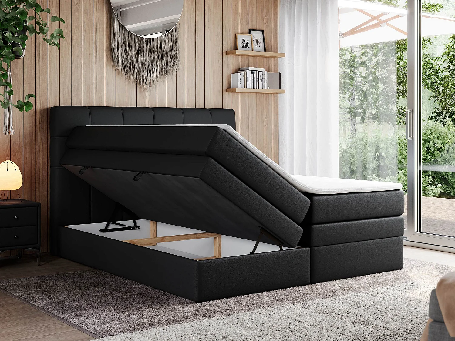 Boxspringbett ERNI KING, gestepptes Kopfteil, zwei Multipocket-Matratze und Topper, mit Stauraum - 180x200 cm - H4 - Schwarz Kunstleder