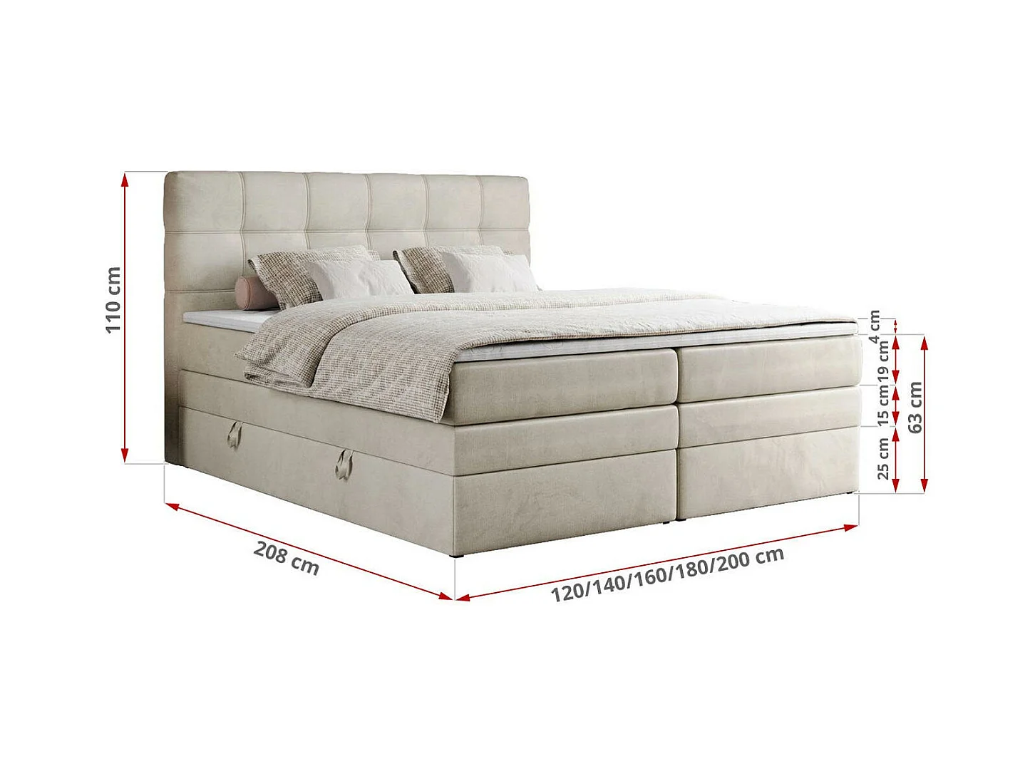 Boxspringbett ERNI KING, gestepptes Kopfteil, zwei Multipocket-Matratze und Topper, mit Stauraum - 180x200 cm - H3 - Beige Velvet