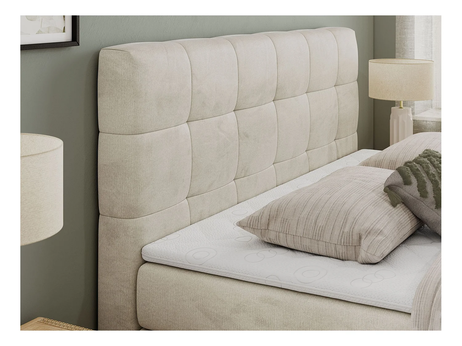 Boxspringbett LUKA KING, mit gestepptem Kopfteil, zwei Bettkästen, Multipocket-Matratze und Topper - 140x200 cm - H3 - Beige Velvet