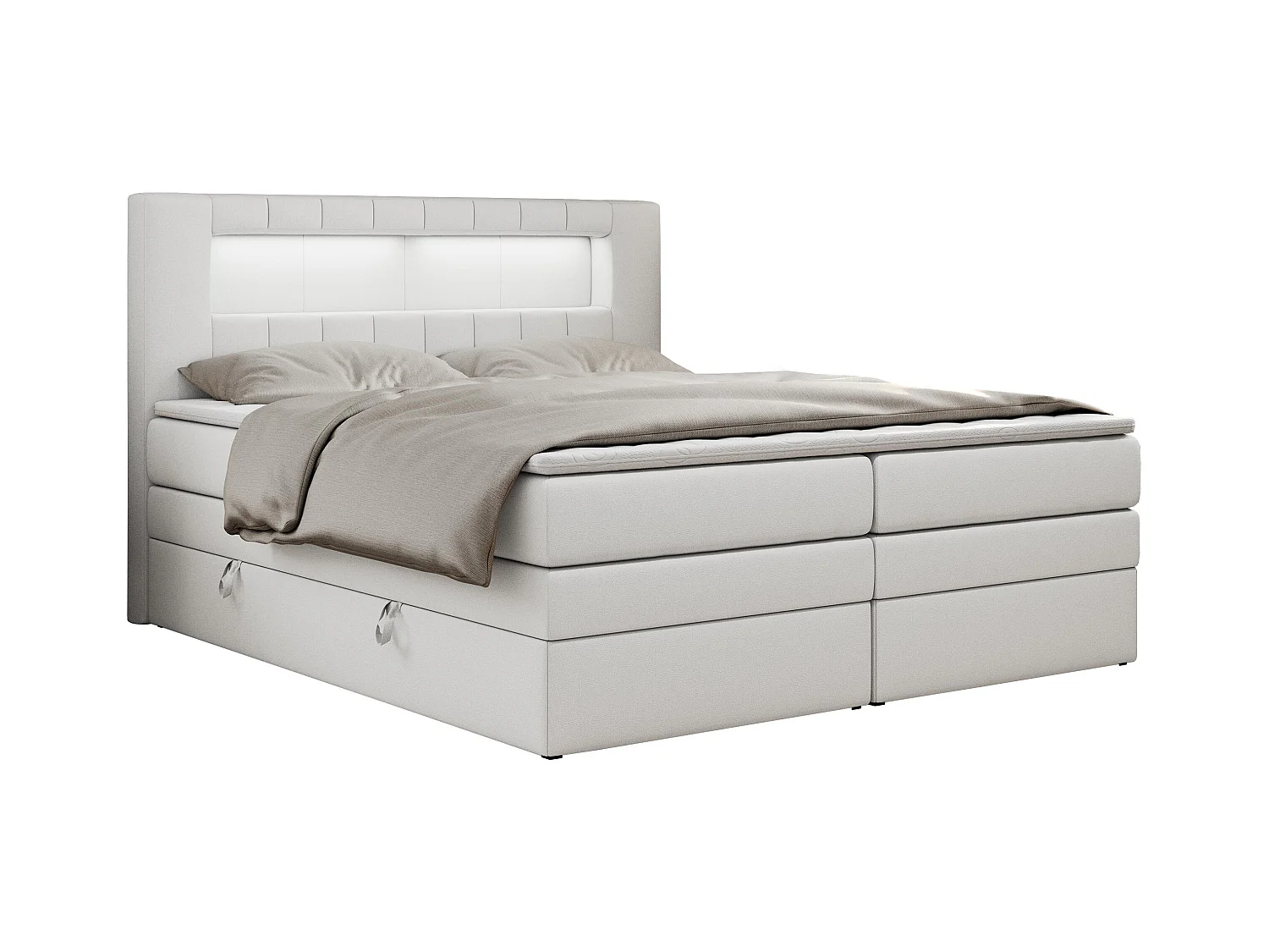 Boxspringbett GOLD 5 KING mit Stauraum, zwei Bettkästen, LED-Beleuchtung, Multipocket-Matratze - 160x200 cm - H3 - Weiß Kunstleder