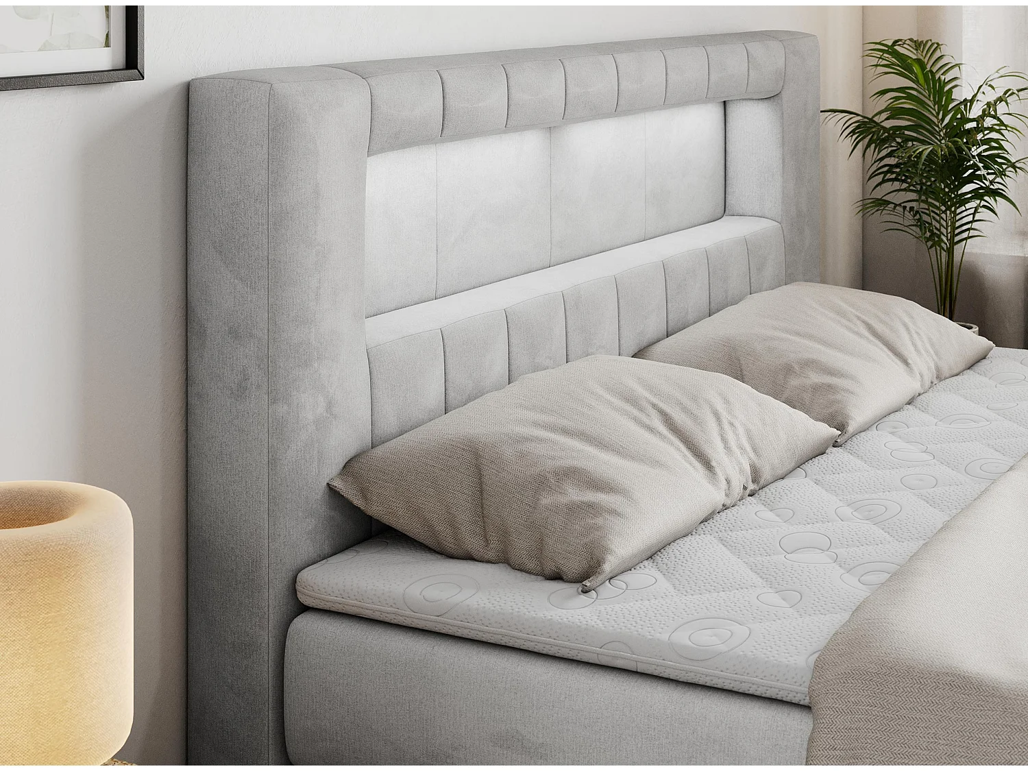 Boxspringbett GOLD 5 KING mit Stauraum, zwei Bettkästen, LED-Beleuchtung, Multipocket-Matratze - 200x200 cm - H4 - Hellgrau Velvet