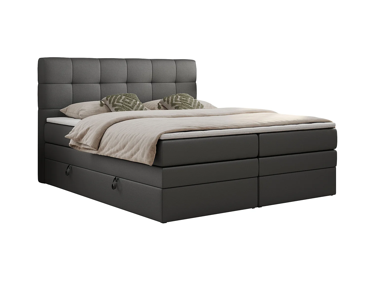Boxspringbett LUKA KING, mit gestepptem Kopfteil, zwei Bettkästen, Multipocket-Matratze und Topper - 200x200 cm - H3 - Dunkelgrau Kunstleder