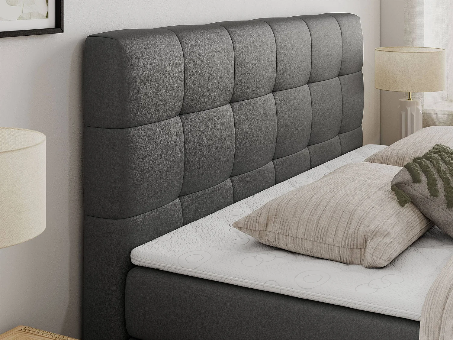 Boxspringbett LUKA KING, mit gestepptem Kopfteil, zwei Bettkästen, Multipocket-Matratze und Topper - 200x200 cm - H3 - Dunkelgrau Kunstleder