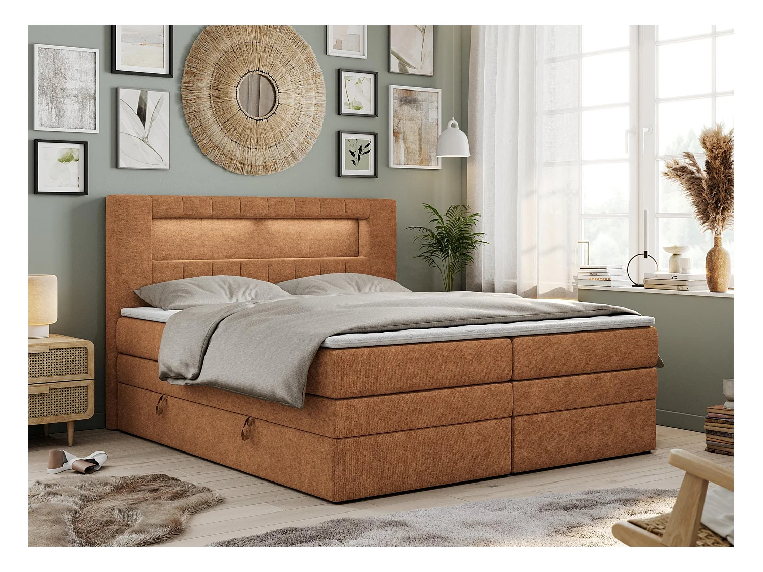 Boxspringbett GOLD 5 KING mit Stauraum, zwei Bettkästen, LED-Beleuchtung, Multipocket-Matratze - 180x200 cm - H4 - Orange Strukture