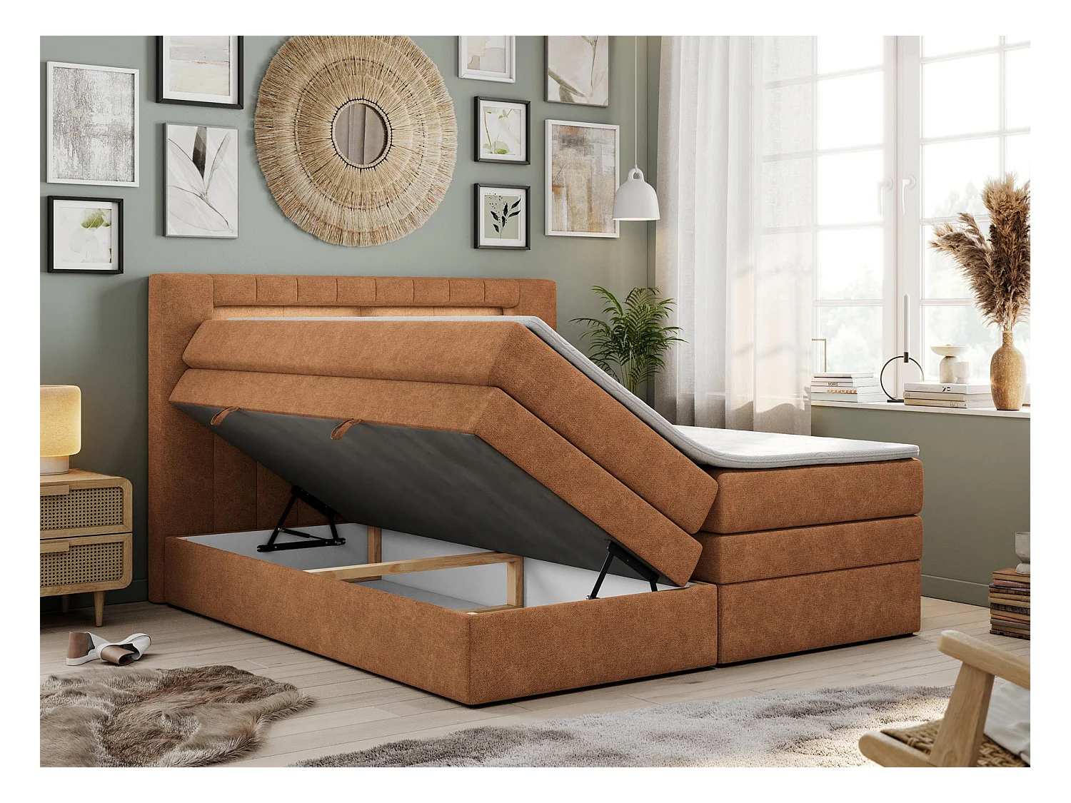 Boxspringbett GOLD 5 KING mit Stauraum, zwei Bettkästen, LED-Beleuchtung, Multipocket-Matratze - 180x200 cm - H4 - Orange Strukture