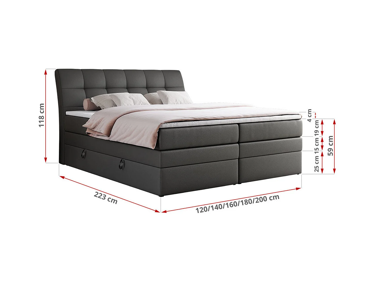 Boxspringbett GOLD 10 KING mit genähtes Kopfteil und Stauraum, zwei Multipocket-Matratze - 200x200 cm - H3 - Dunkelgrau Kunstleder