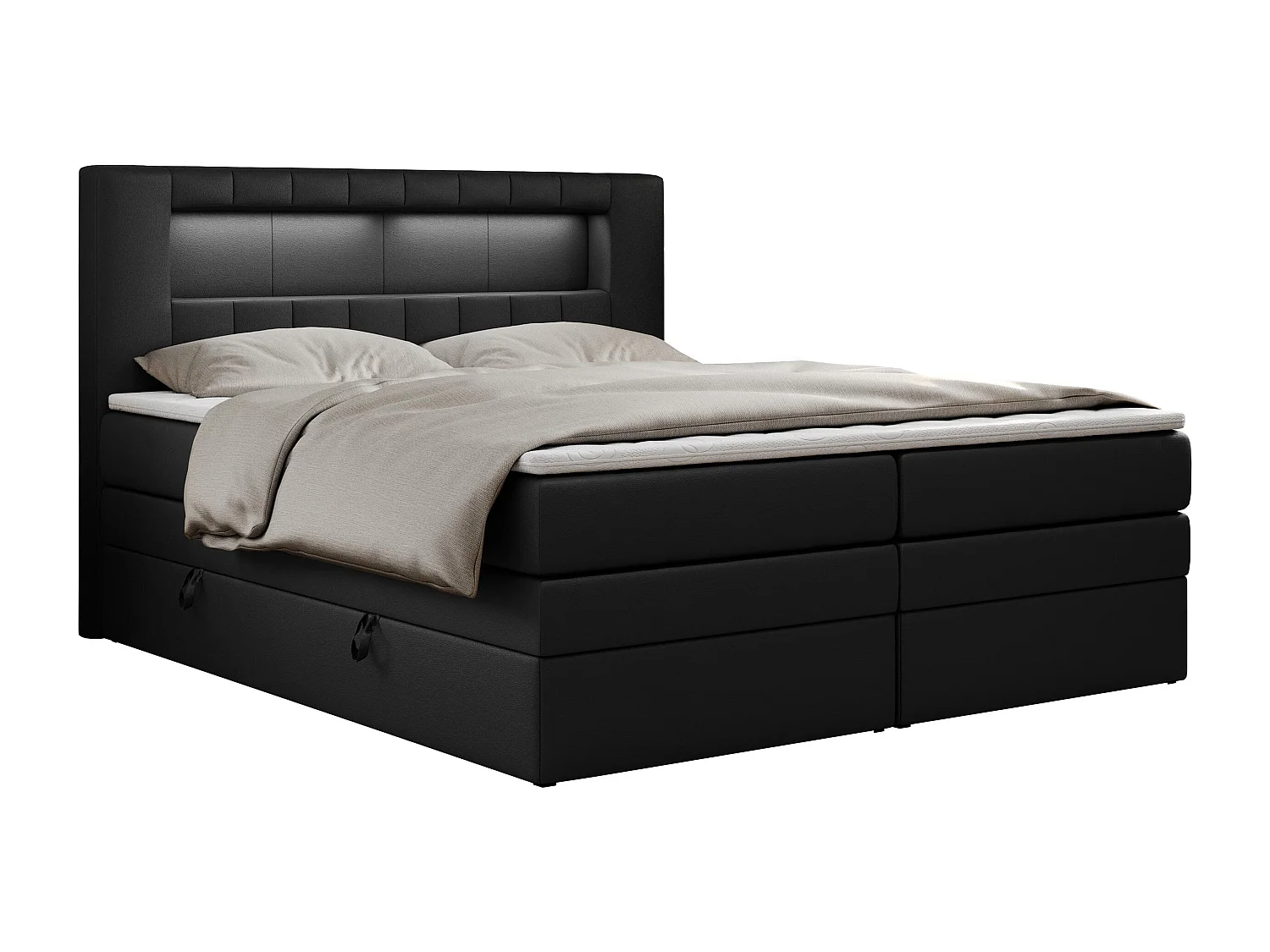 Boxspringbett GOLD 5 KING mit Stauraum, zwei Bettkästen, LED-Beleuchtung, Multipocket-Matratze - 140x200 cm - H3 - Schwarz Kunstleder