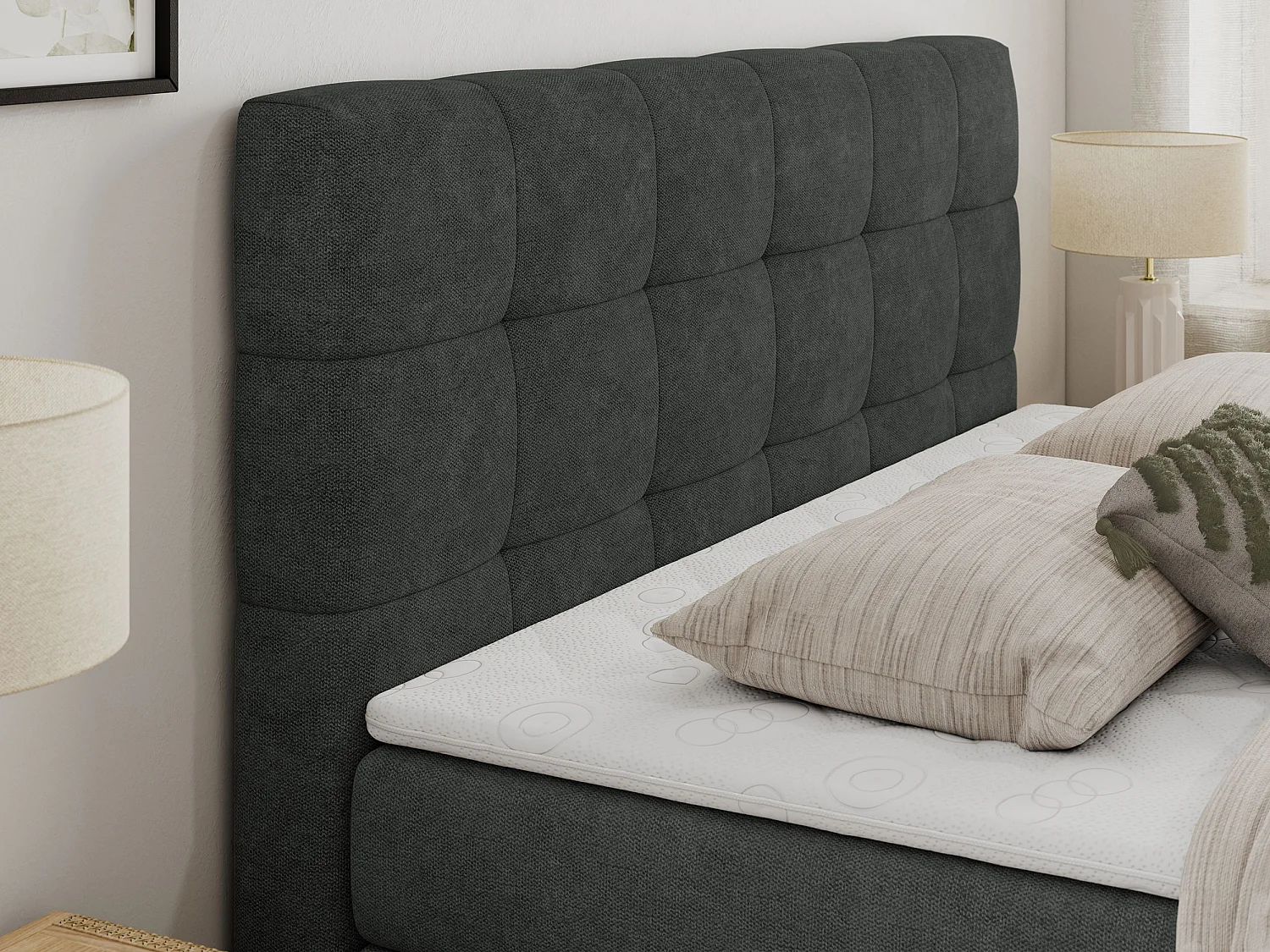 Boxspringbett LUKA KING, mit gestepptem Kopfteil, zwei Bettkästen, Multipocket-Matratze und Topper - 200x200 cm - H4 - Dunkelgrau Strukture