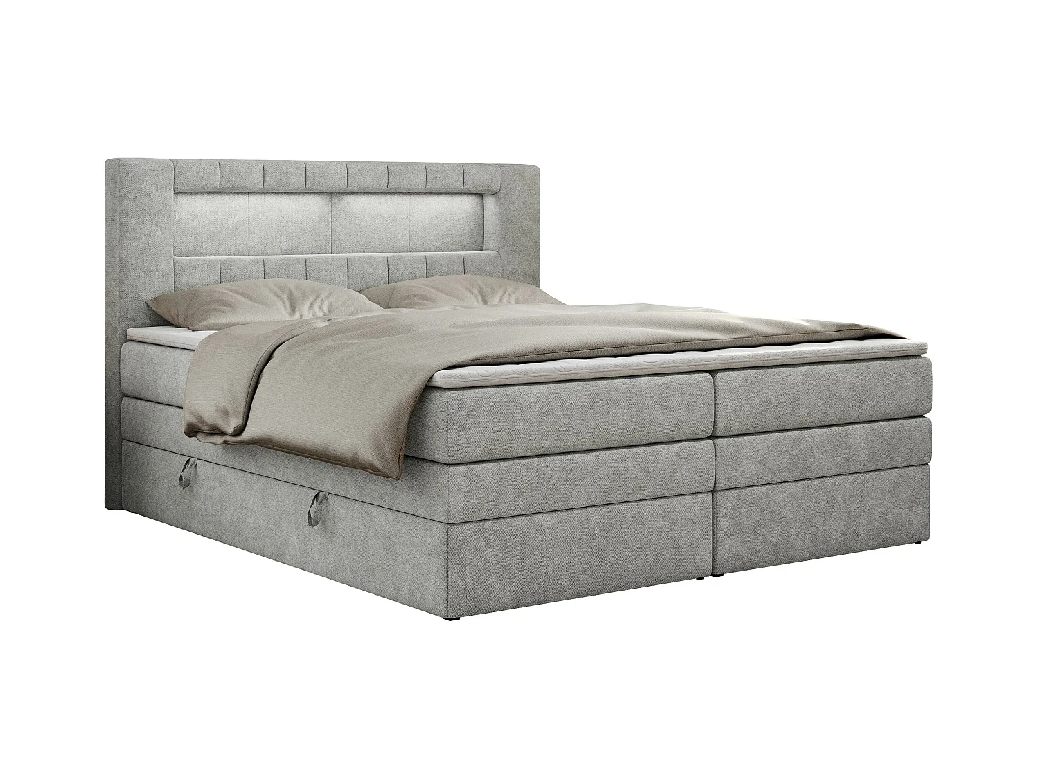 Boxspringbett GOLD 5 KING mit Stauraum, zwei Bettkästen, LED-Beleuchtung, Multipocket-Matratze - 160x200 cm - H4 - Hellgrau Strukture