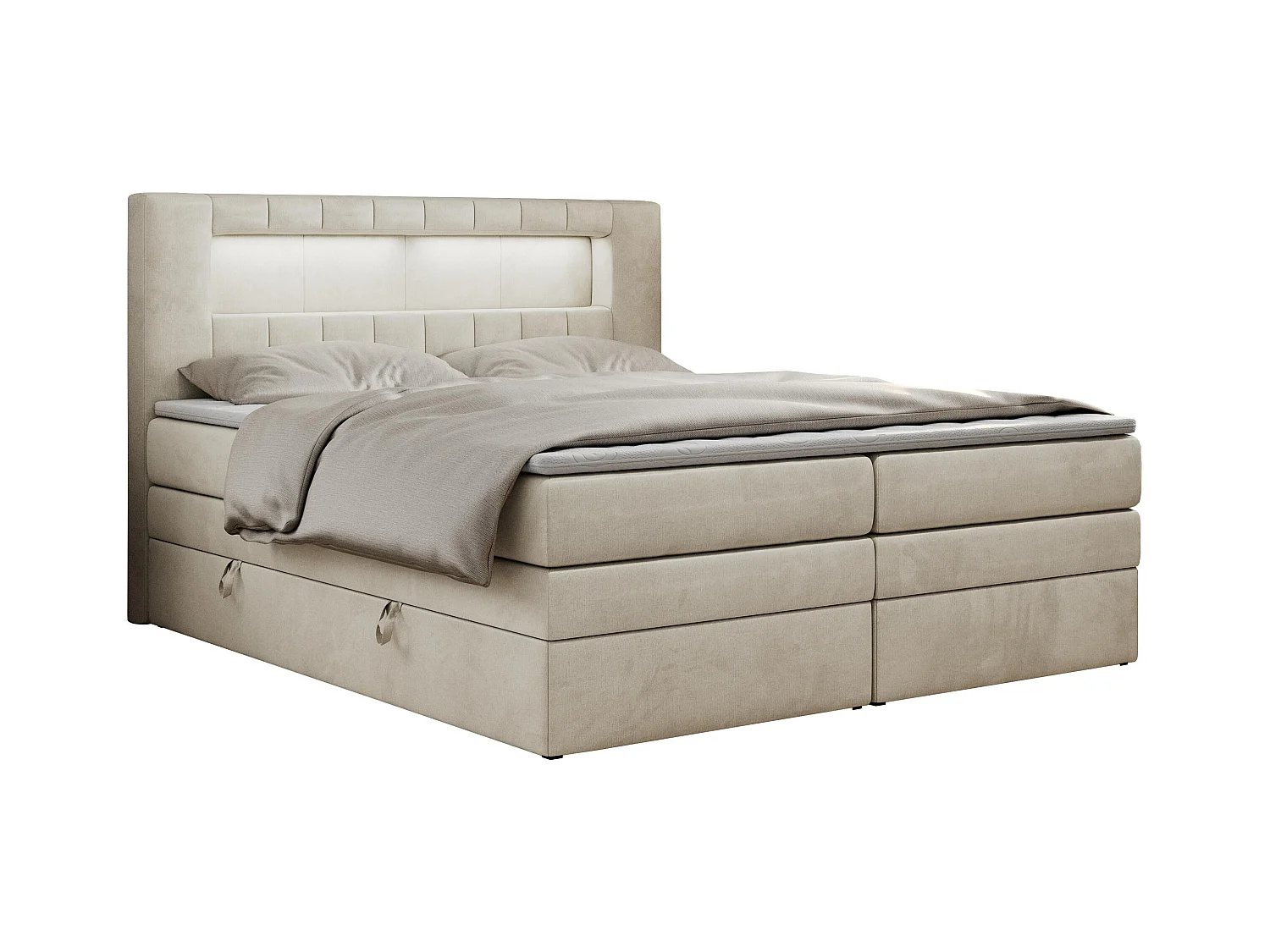 Boxspringbett GOLD 5 KING mit Stauraum, zwei Bettkästen, LED-Beleuchtung, Multipocket-Matratze - 120x200 cm - H4 - Beige Velvet