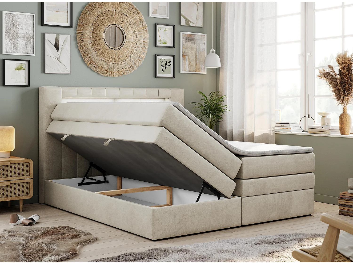 Boxspringbett GOLD 5 KING mit Stauraum, zwei Bettkästen, LED-Beleuchtung, Multipocket-Matratze - 120x200 cm - H4 - Beige Velvet