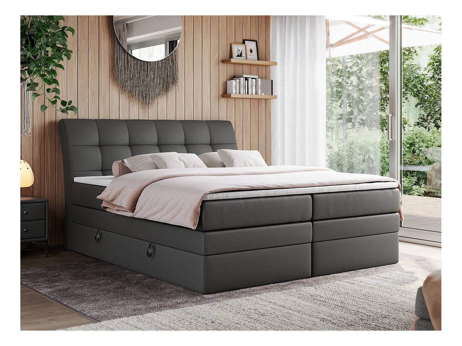 Boxspringbett GOLD 10 KING mit genähtes Kopfteil und Stauraum, zwei Multipocket-Matratze - 180x200 cm - H3 - Dunkelgrau Kunstleder