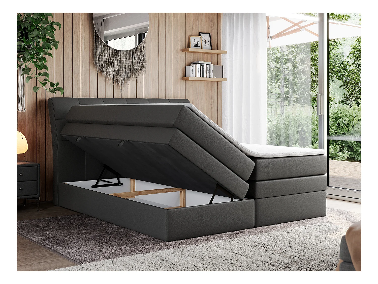 Boxspringbett GOLD 10 KING mit genähtes Kopfteil und Stauraum, zwei Multipocket-Matratze - 180x200 cm - H3 - Dunkelgrau Kunstleder