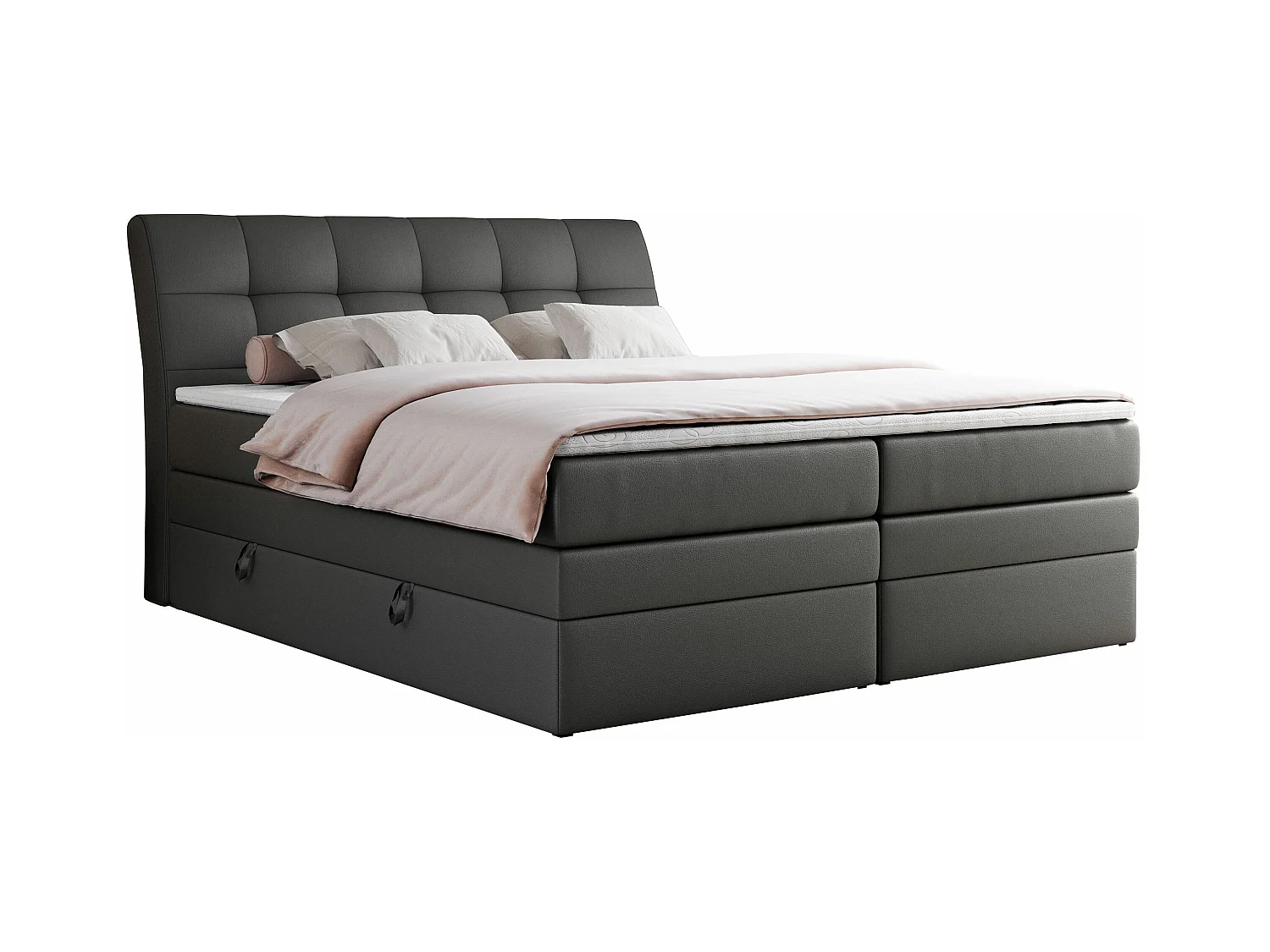 Boxspringbett GOLD 10 KING mit genähtes Kopfteil und Stauraum, zwei Multipocket-Matratze - 180x200 cm - H3 - Dunkelgrau Kunstleder
