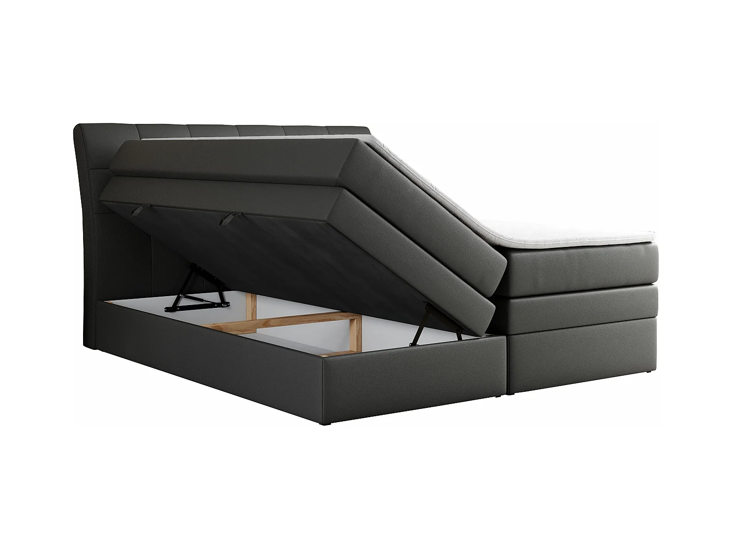 Boxspringbett GOLD 10 KING mit genähtes Kopfteil und Stauraum, zwei Multipocket-Matratze - 180x200 cm - H3 - Dunkelgrau Kunstleder