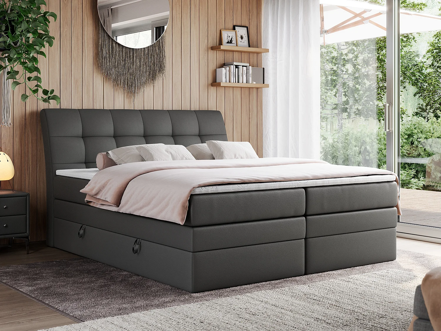 Boxspringbett GOLD 10 KING mit genähtes Kopfteil und Stauraum, zwei Multipocket-Matratze - 180x200 cm - H3 - Dunkelgrau Kunstleder