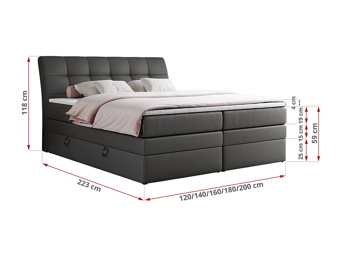 Boxspringbett GOLD 10 KING mit genähtes Kopfteil und Stauraum, zwei Multipocket-Matratze - 180x200 cm - H3 - Dunkelgrau Kunstleder