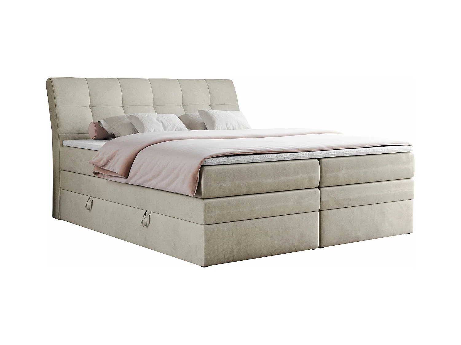 Boxspringbett GOLD 10 KING mit genähtes Kopfteil und Stauraum, zwei Multipocket-Matratze - 140x200 cm - H3 - Beige Velvet