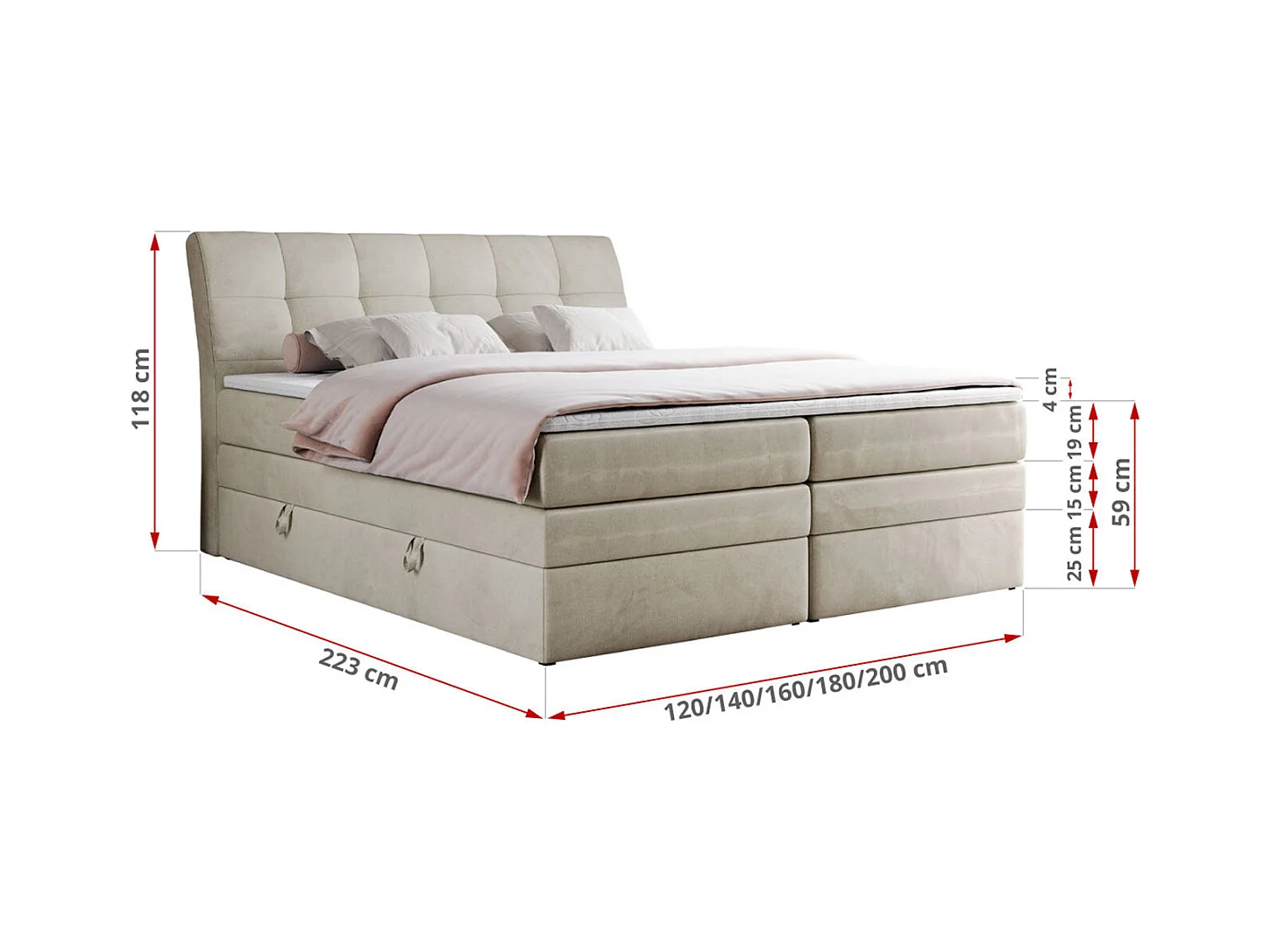 Boxspringbett GOLD 10 KING mit genähtes Kopfteil und Stauraum, zwei Multipocket-Matratze - 140x200 cm - H3 - Beige Velvet