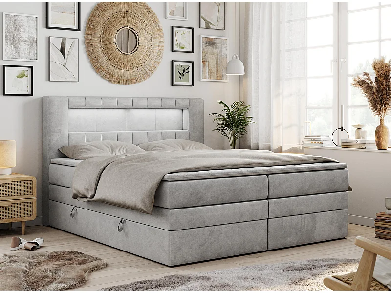 Boxspringbett GOLD 5 KING mit Stauraum, zwei Bettkästen, LED-Beleuchtung, Multipocket-Matratze - 120x200 cm - H4 - Hellgrau Velvet
