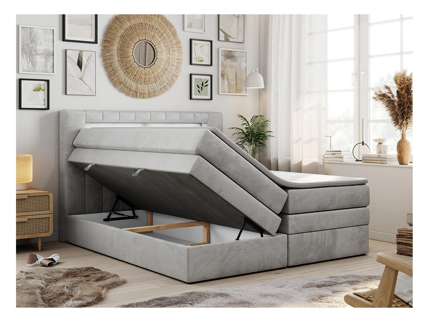Boxspringbett GOLD 5 KING mit Stauraum, zwei Bettkästen, LED-Beleuchtung, Multipocket-Matratze - 120x200 cm - H4 - Hellgrau Velvet