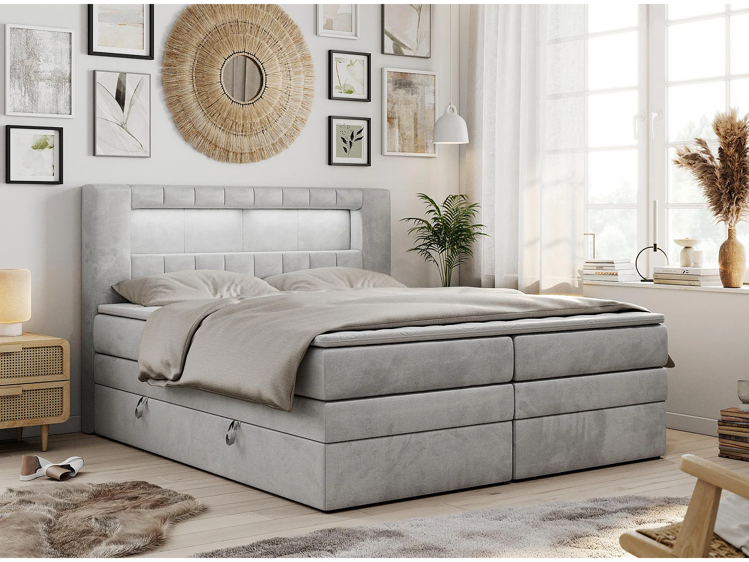 Boxspringbett GOLD 5 KING mit Stauraum, zwei Bettkästen, LED-Beleuchtung, Multipocket-Matratze - 120x200 cm - H4 - Hellgrau Velvet