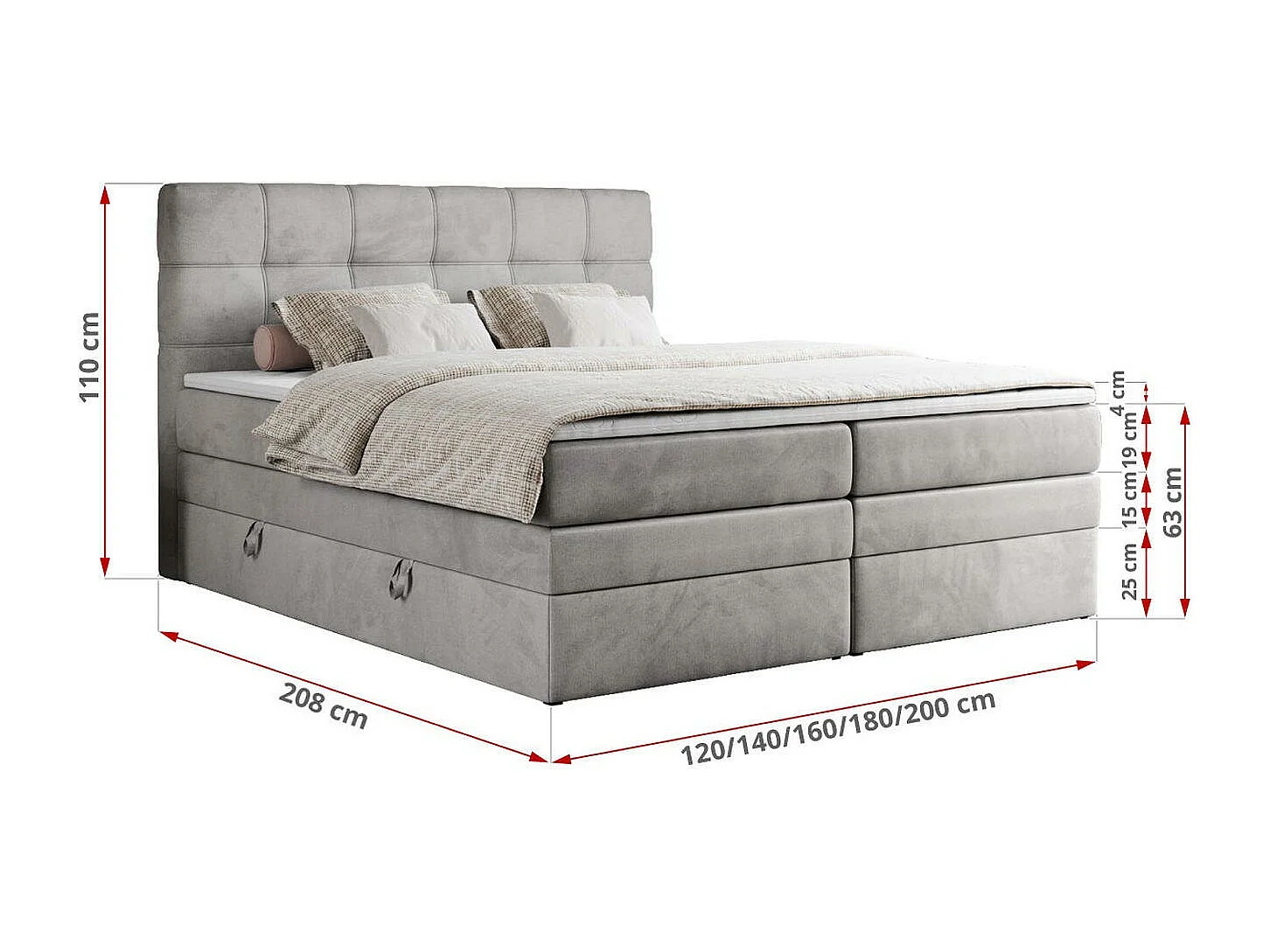 Boxspringbett ERNI KING, gestepptes Kopfteil, zwei Multipocket-Matratze und Topper, mit Stauraum - 200x200 cm - H3 - Hellgrau Velvet