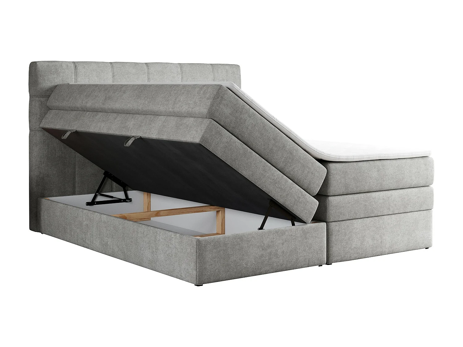 Boxspringbett ERNI KING, gestepptes Kopfteil, zwei Multipocket-Matratze und Topper, mit Stauraum - 180x200 cm - H3 - Hellgrau Strukture