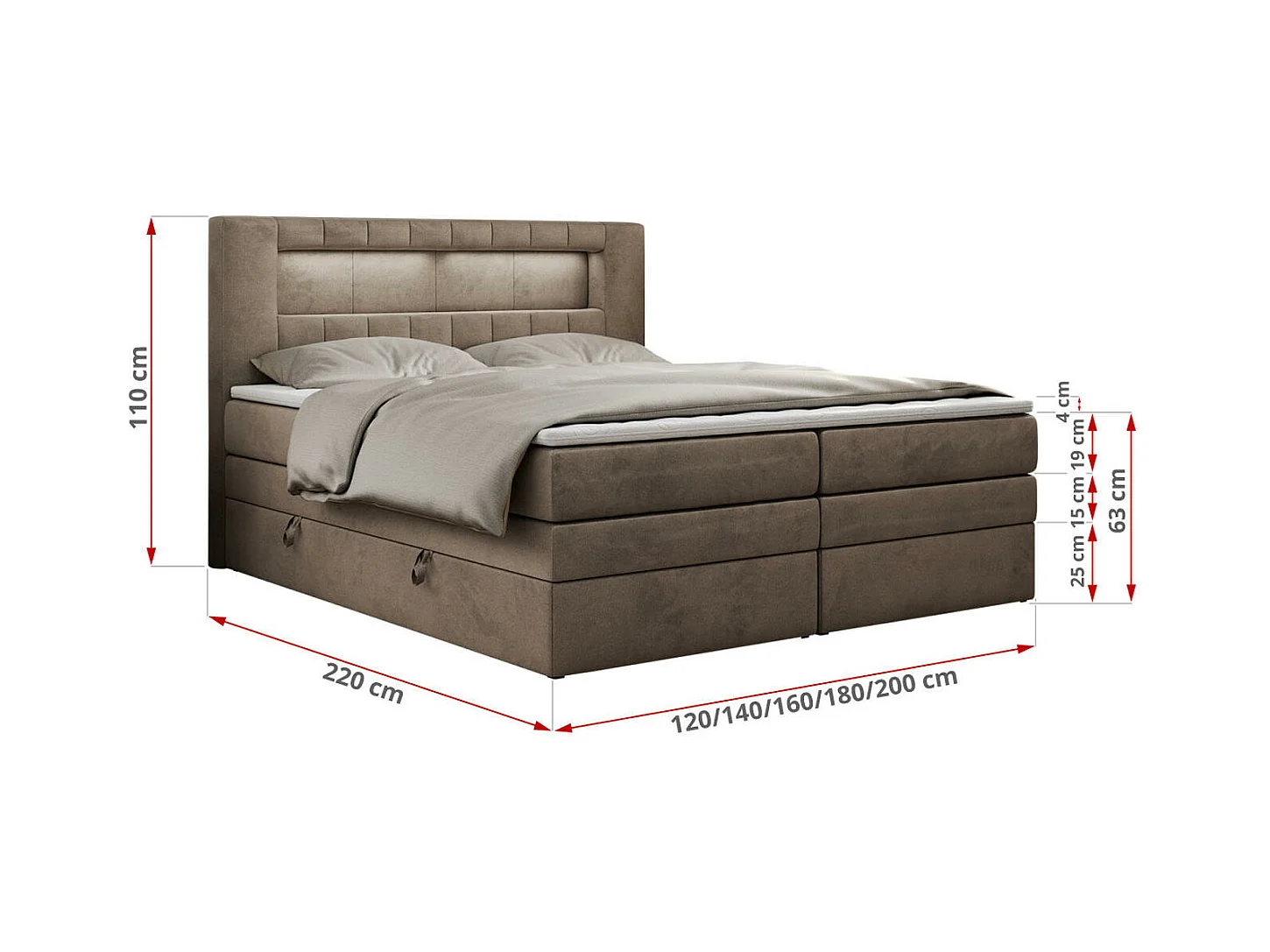 Boxspringbett GOLD 5 KING mit Stauraum, zwei Bettkästen, LED-Beleuchtung, Multipocket-Matratze - 180x200 cm - H3 - Braun Velvet