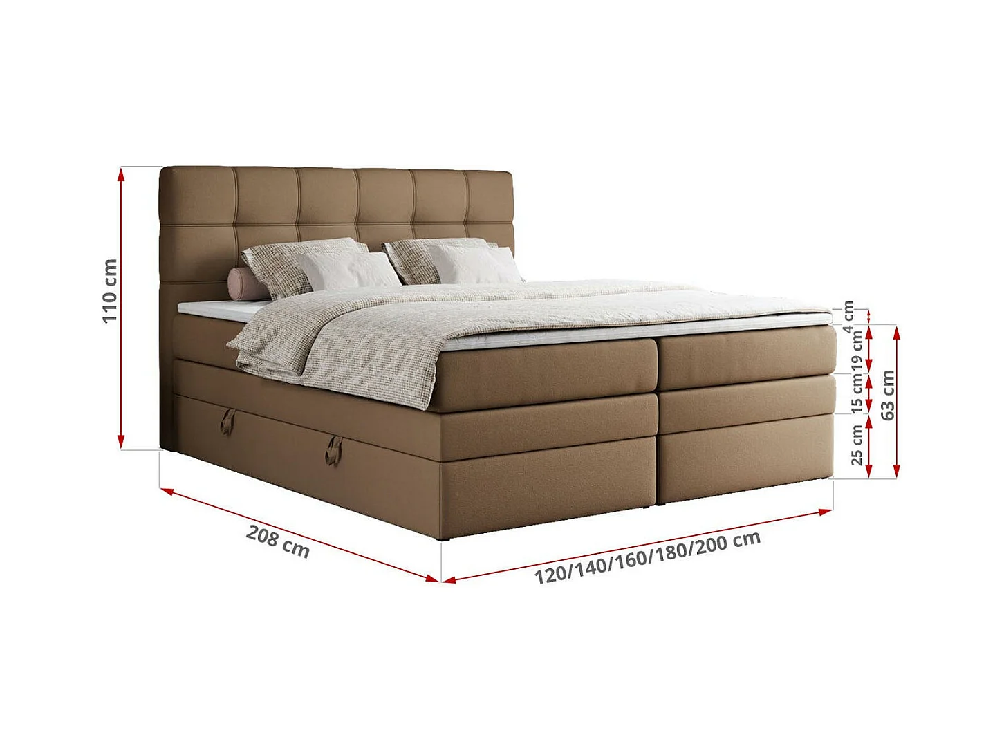 Boxspringbett ERNI KING, gestepptes Kopfteil, zwei Multipocket-Matratze und Topper, mit Stauraum - 120x200 cm - H4 - Braun Kunstleder