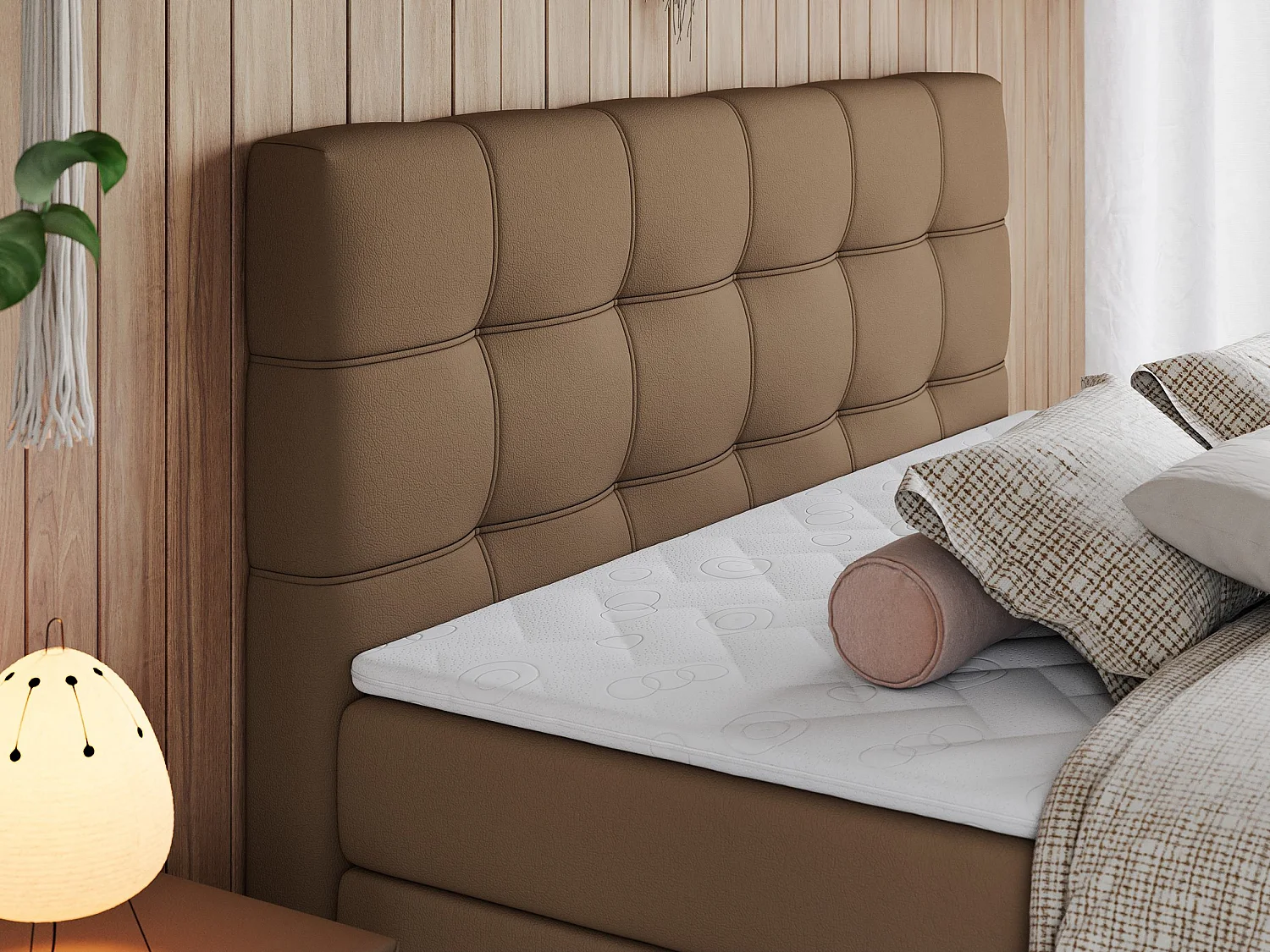 Boxspringbett ERNI KING, gestepptes Kopfteil, zwei Multipocket-Matratze und Topper, mit Stauraum - 120x200 cm - H4 - Braun Kunstleder