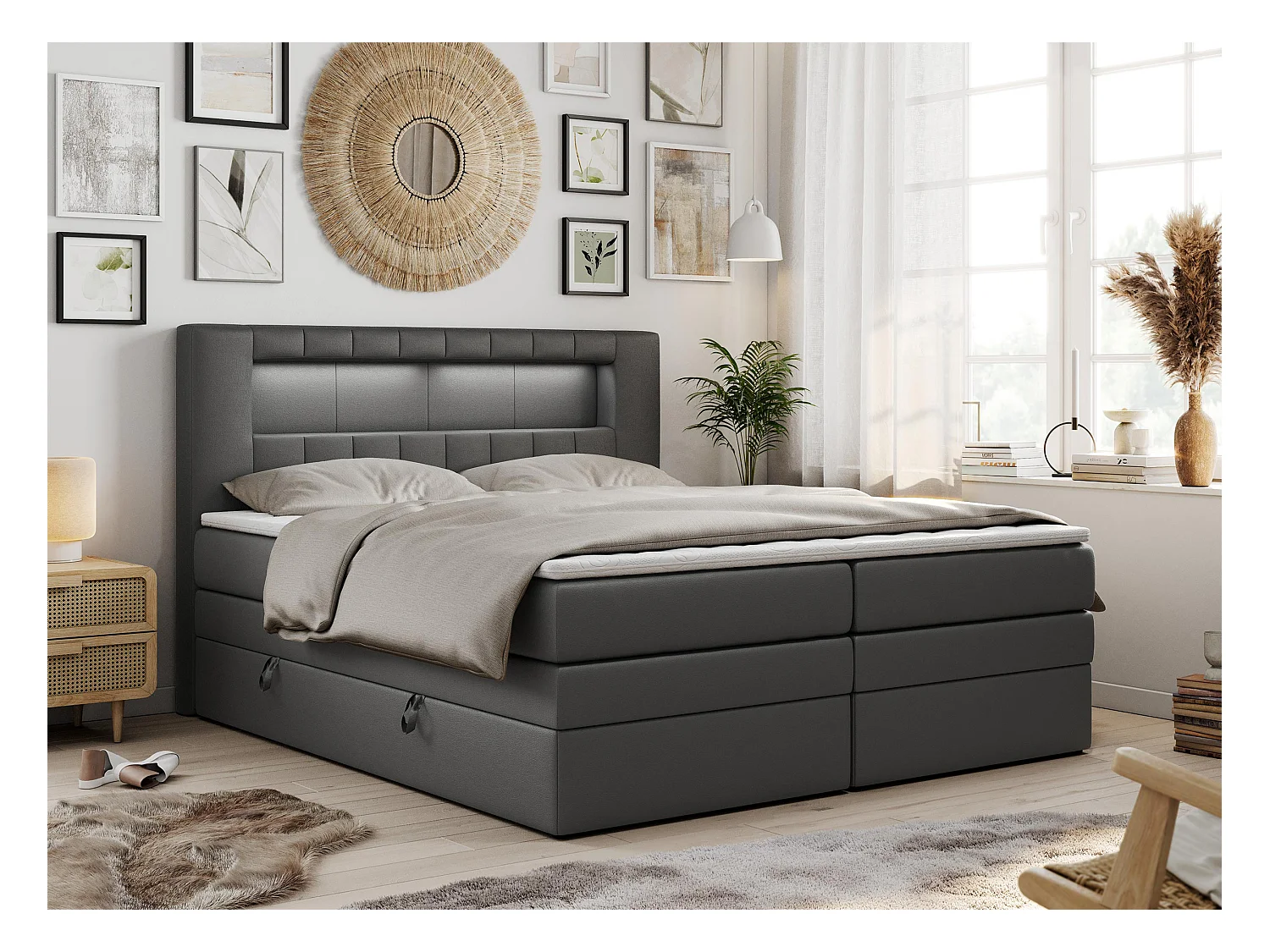Boxspringbett GOLD 5 KING mit Stauraum, zwei Bettkästen, LED-Beleuchtung, Multipocket-Matratze - 160x200 cm - H3 - Dunkelgrau Kunstleder