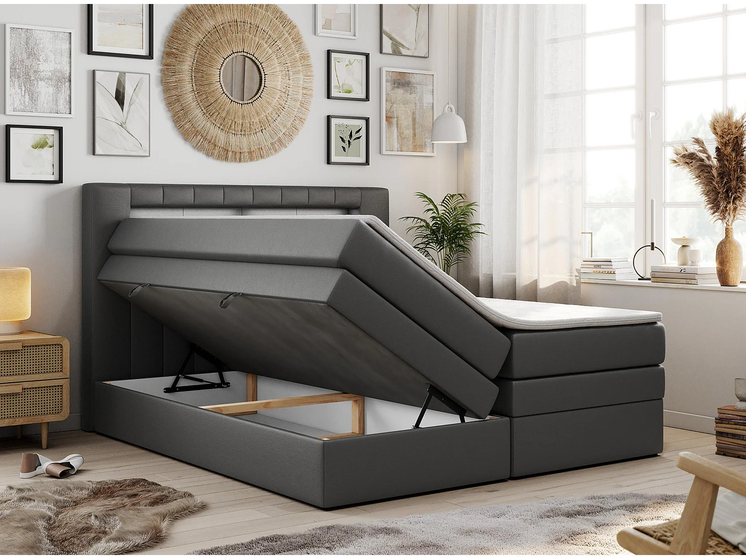 Boxspringbett GOLD 5 KING mit Stauraum, zwei Bettkästen, LED-Beleuchtung, Multipocket-Matratze - 160x200 cm - H3 - Dunkelgrau Kunstleder